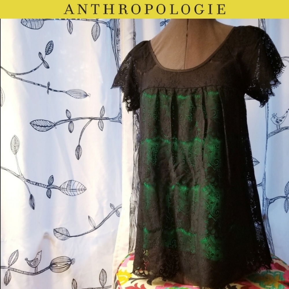 Anthropologie green/black lace top